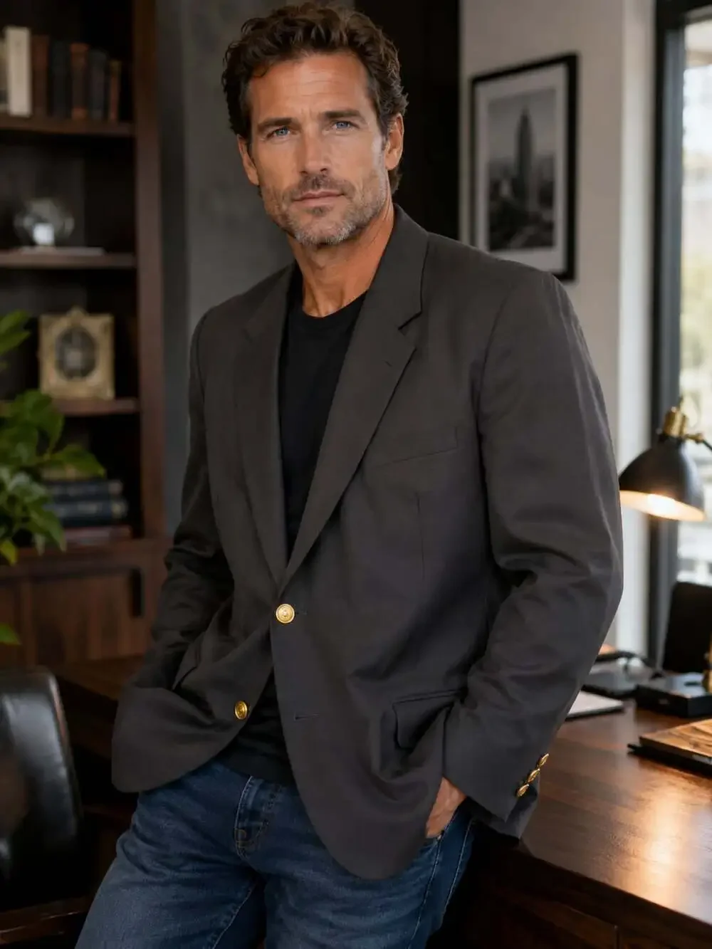 Wimbledon Men's Solid Black Two-Button Blazer with Gold-Tone Crest Buttons